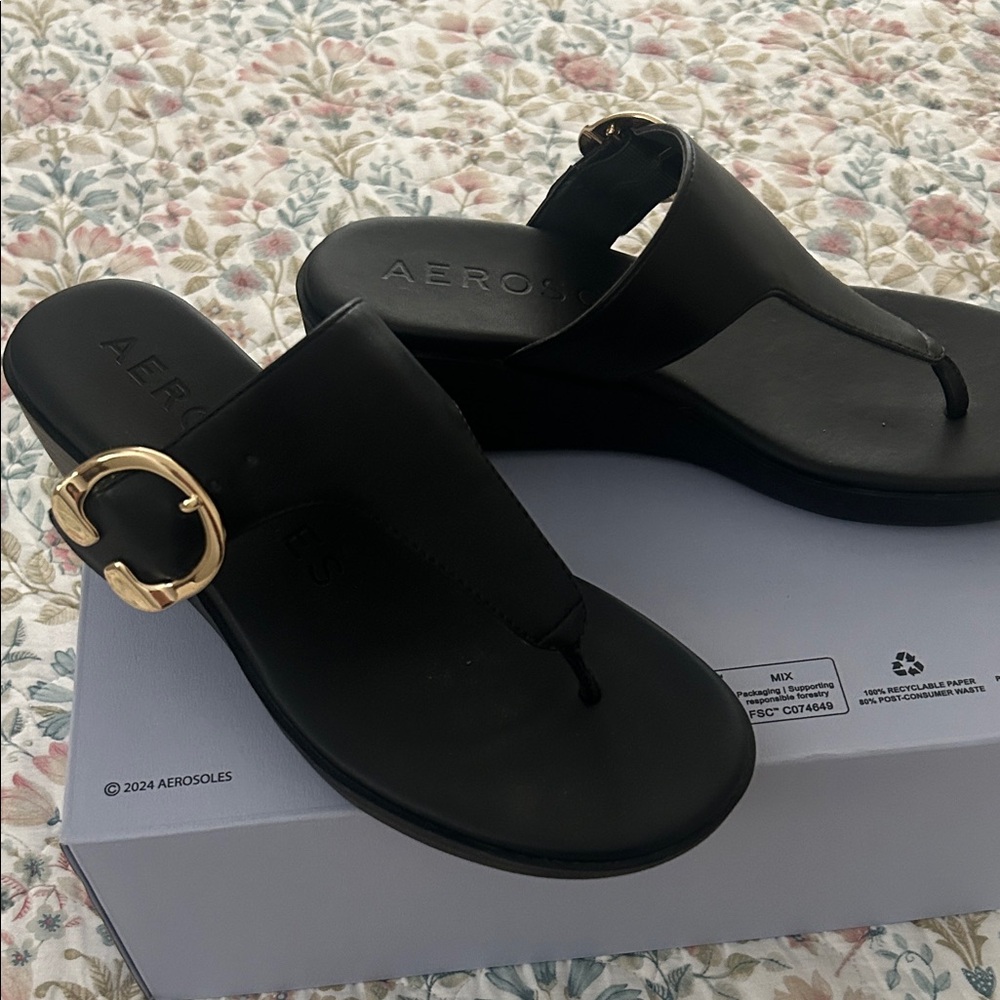 AEROSOLES Black Sandals with Gold Buckle